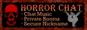 a button advertising a horror chat, with a red 3d skull opening and closing its mouth. it says 'HORROR CHAT: chat music, private rooms, secure nickname