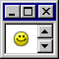a mock windows95 popup with a scrolling image of a smiley face