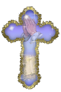 a fancy cross - its blue with a gold border, and has a mostly-transparent image of hands clasped in prayer overlayed inside