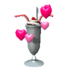 a 3d modeled milkshake with two straws, and hearts floating around it