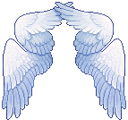 a pixel sprite of 4 angel wings, the top two curled in front