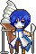 a pixel sprite of vocaloid kaito standing in front of a large ice cream cone