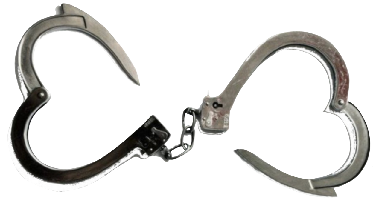 a pair of handcuffs opened, so the cuffs make two heart shapes