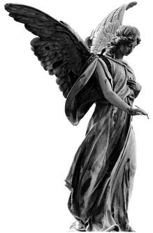 a statue of an angel looking at the ground, wings spread