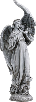 a statue of an angel shielding itself with one wing