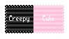 a stamp that is half black and half pink with a lacey white border. the black half says 'creepy', and the pink half says 'cute'